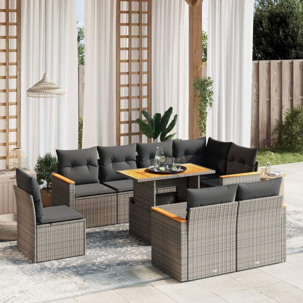 Set Divano da Giardino 9 pz con Cuscini Grigio in Polyrattan - homemem39