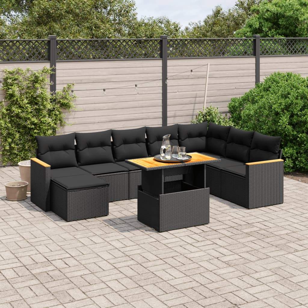 Set Divani da Giardino 9 pz con Cuscini Nero in Polyrattan - homemem39