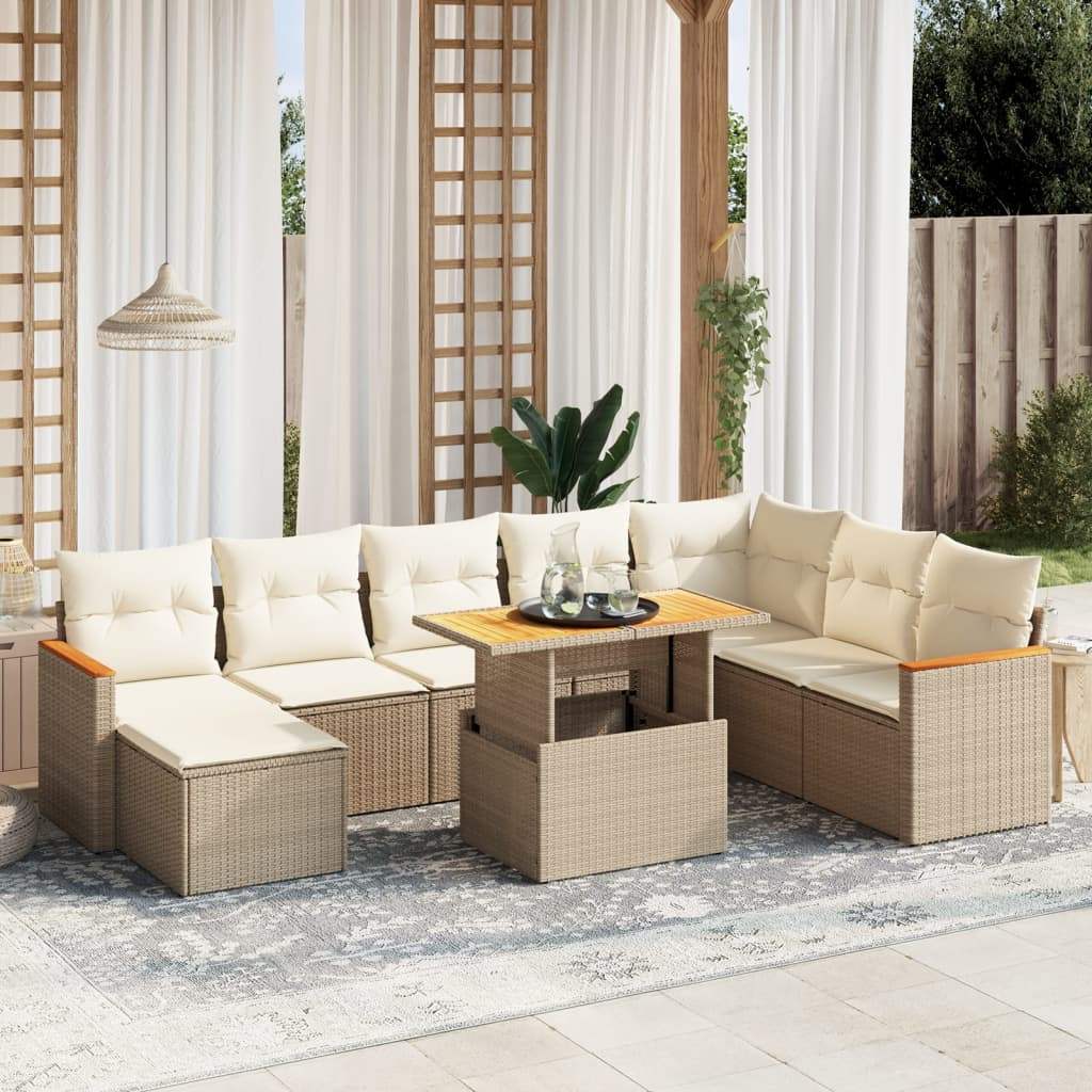 Set Divano da Giardino 9 pz con Cuscini Beige in Polyrattan - homemem39