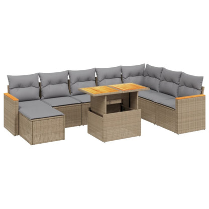 9 pc Garden Sofa Set with Beige Polyrattan Cushions