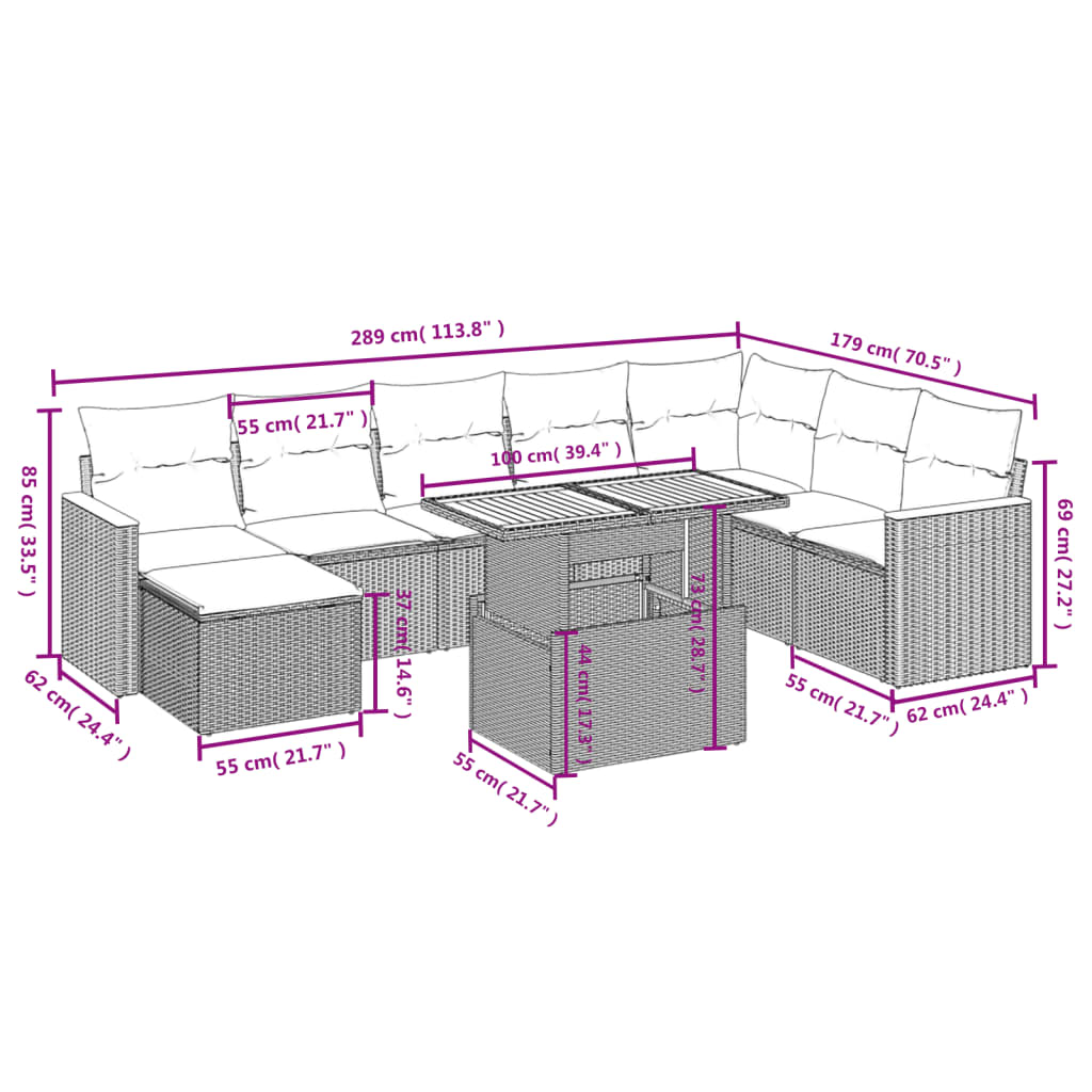 Set Divano da Giardino 9 pz con Cuscini Beige in Polyrattan