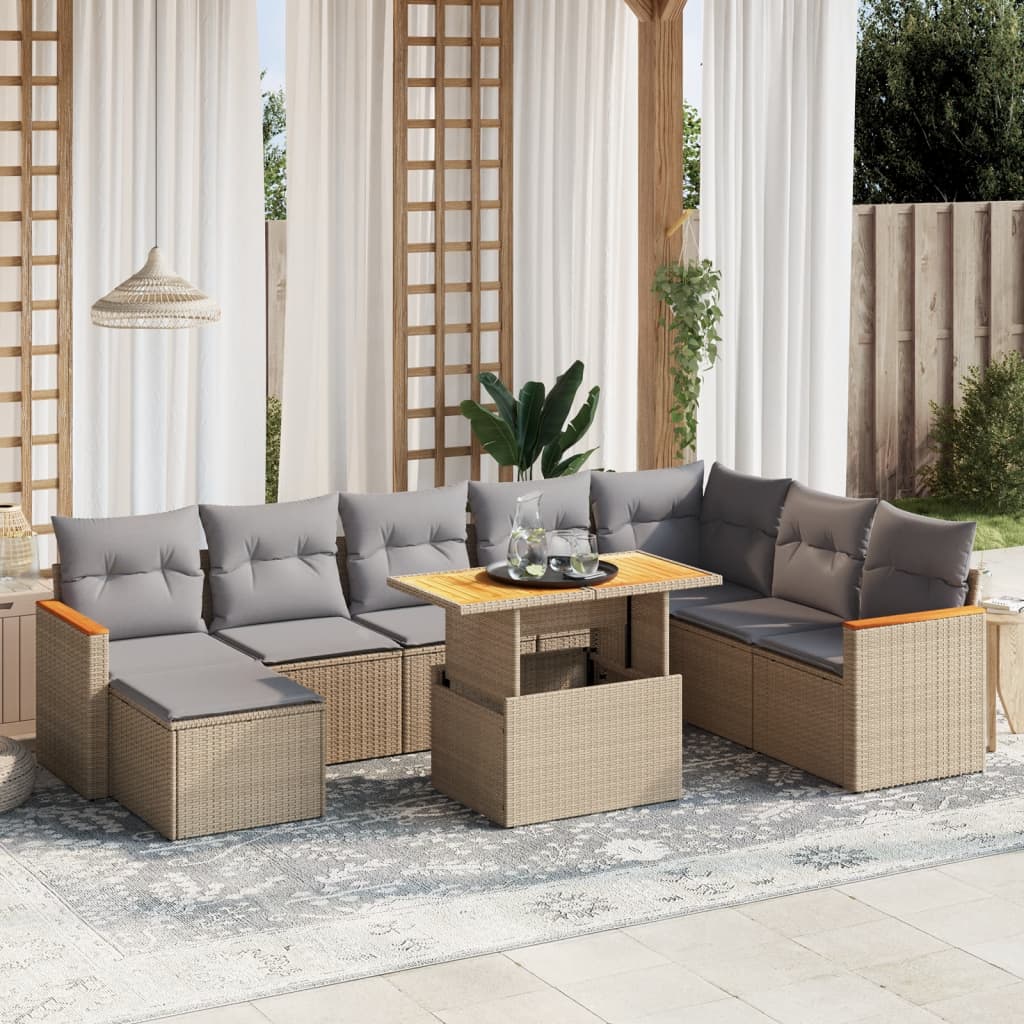 Set Divano da Giardino 9 pz con Cuscini Beige in Polyrattan