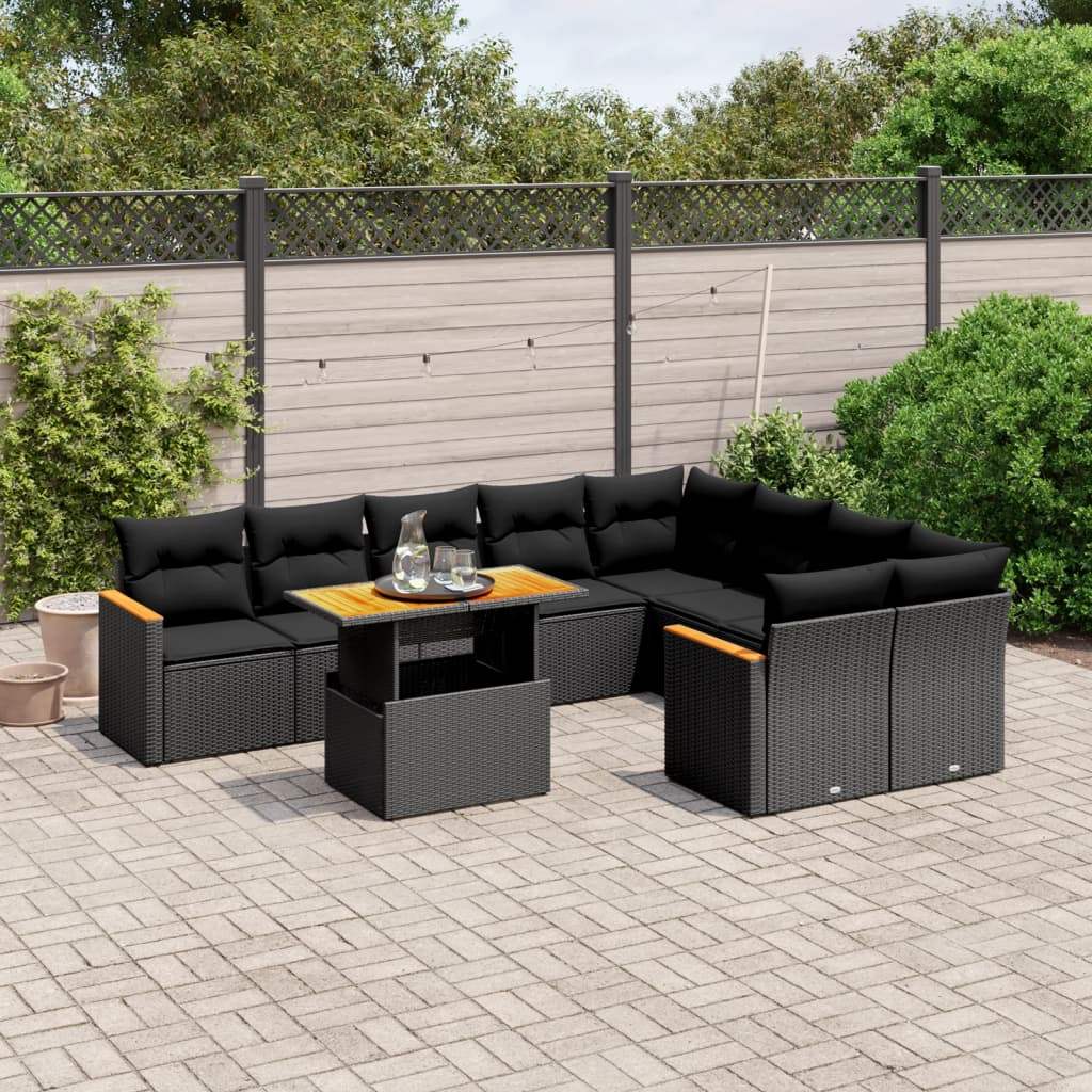 Set Divani da Giardino 10pz con Cuscini in Polyrattan Nero - homemem39