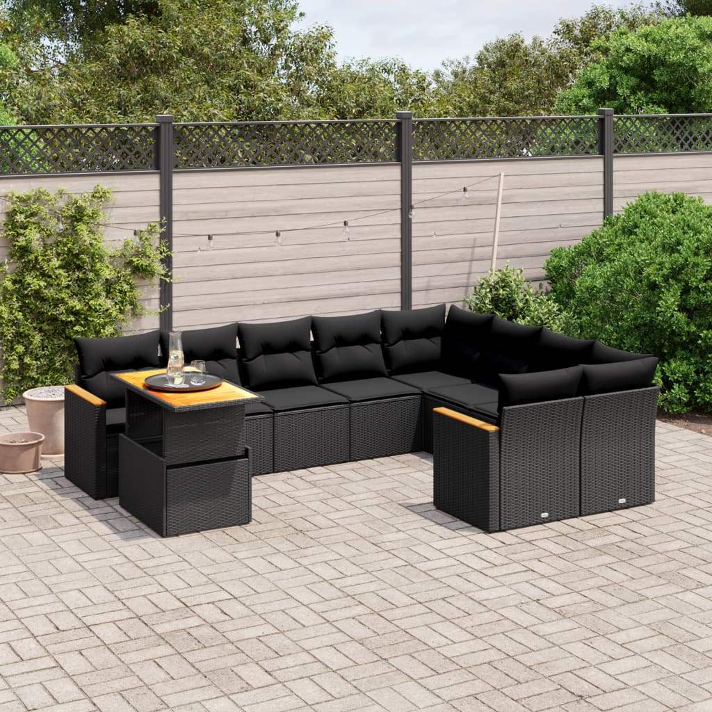 Set Divani da Giardino 10pz con Cuscini in Polyrattan Nero - homemem39