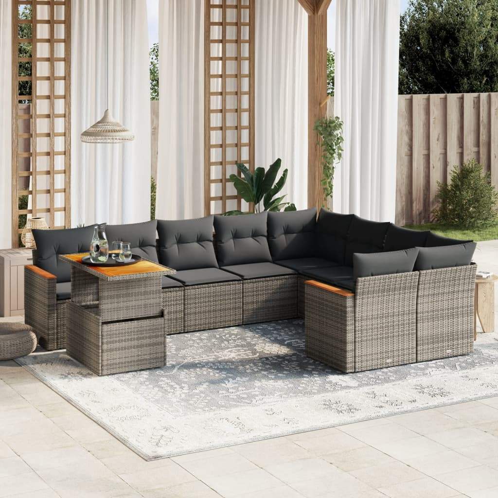 Set Divano da Giardino 10 pz con Cuscini Grigio in Polyrattan - homemem39