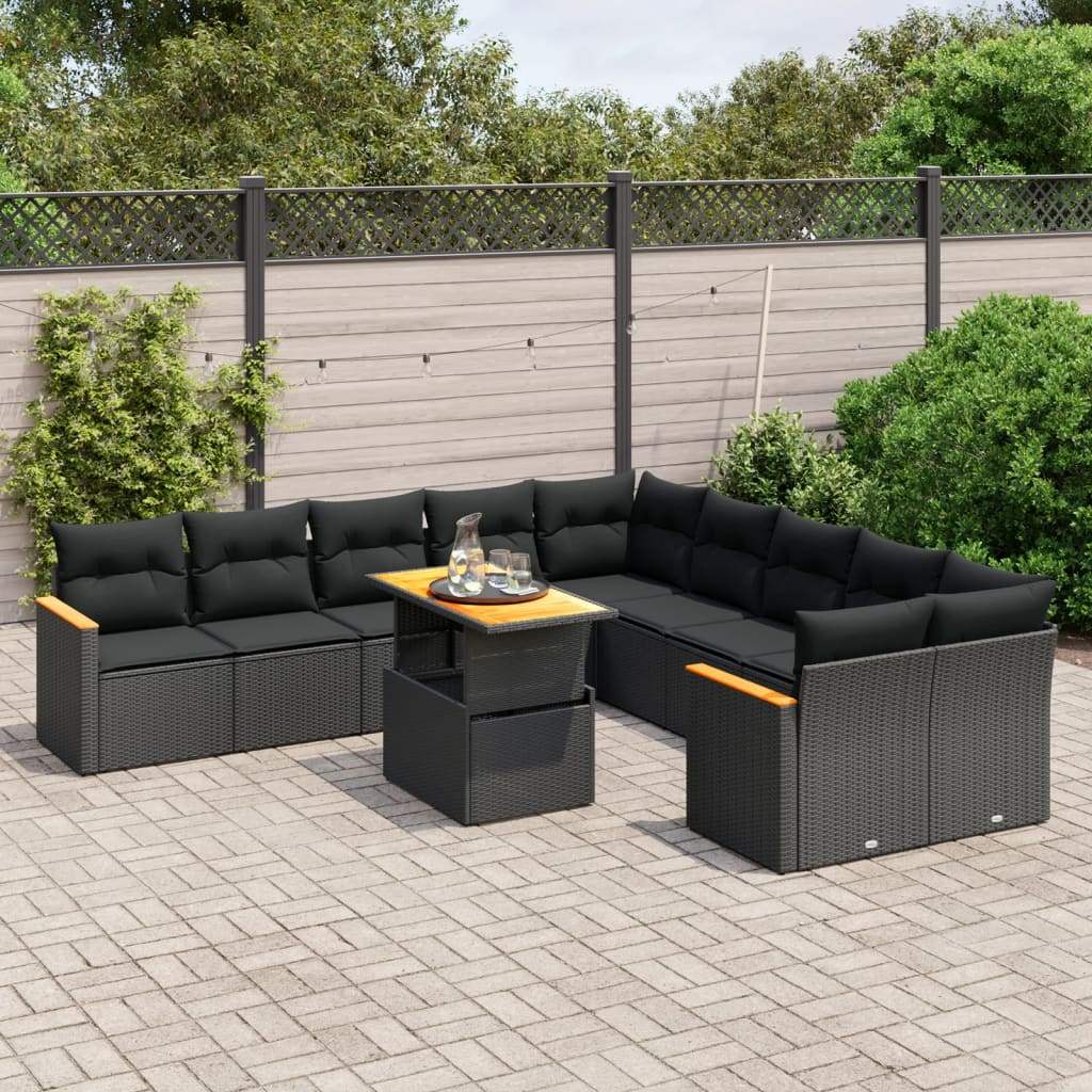 Set Divani da Giardino 11 pz con Cuscini in Polyrattan Nero - homemem39
