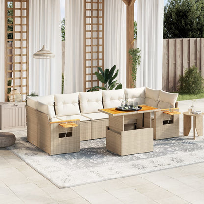 Set Divano da Giardino 8 pz con Cuscini Beige in Polyrattan