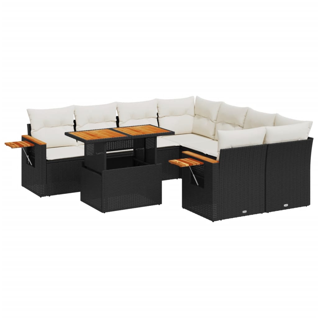 Set Divani da Giardino 9 pz con Cuscini Nero in Polyrattan
