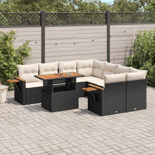 Set Divani da Giardino 9 pz con Cuscini Nero in Polyrattan - homemem39