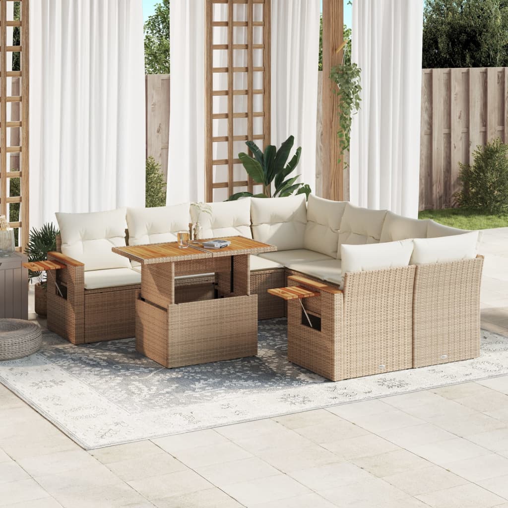 Set Divano da Giardino 9 pz con Cuscini Beige in Polyrattan