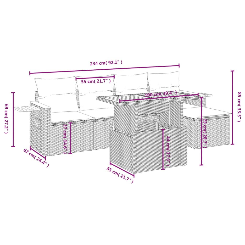 Set Divano da Giardino 6 pz con Cuscini Beige in Polyrattan