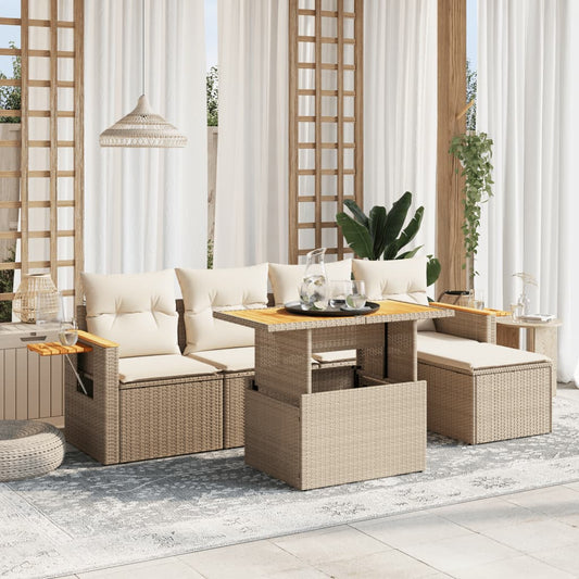 Set Divano da Giardino 6 pz con Cuscini Beige in Polyrattan