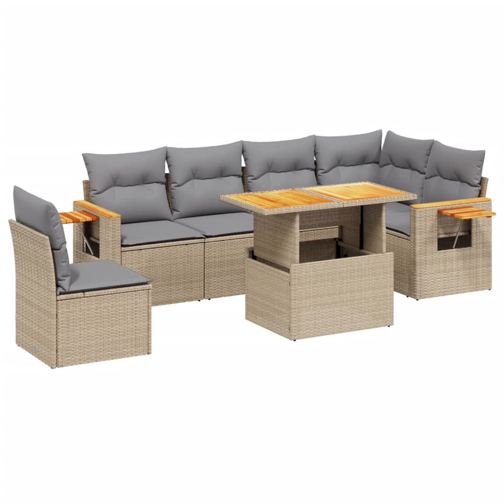 Set Divani da Giardino 7 pz con Cuscini Beige in Polyrattan