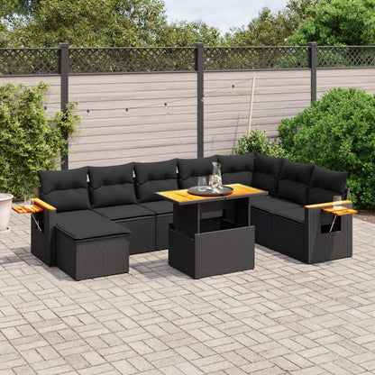 Set Divani da Giardino 9 pz con Cuscini Nero in Polyrattan - homemem39