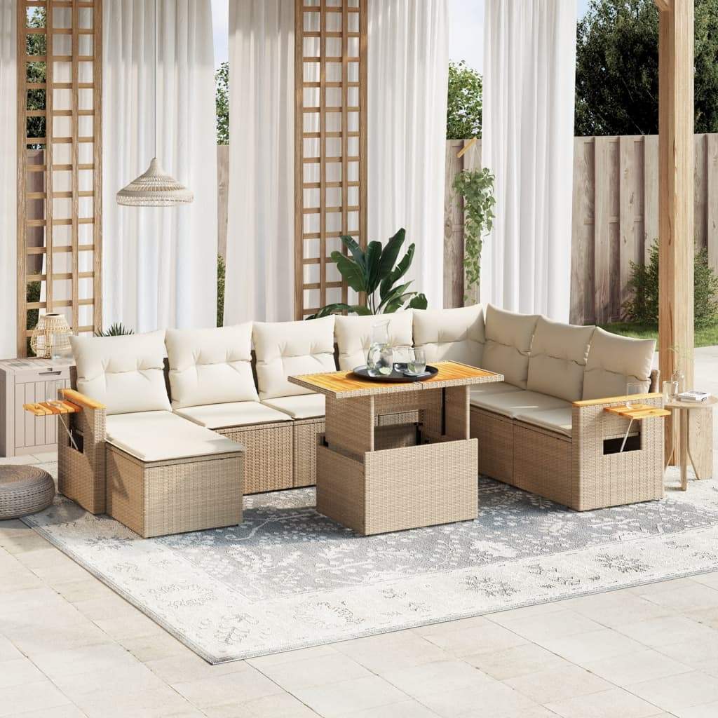Set Divano da Giardino 9 pz con Cuscini Beige in Polyrattan - homemem39