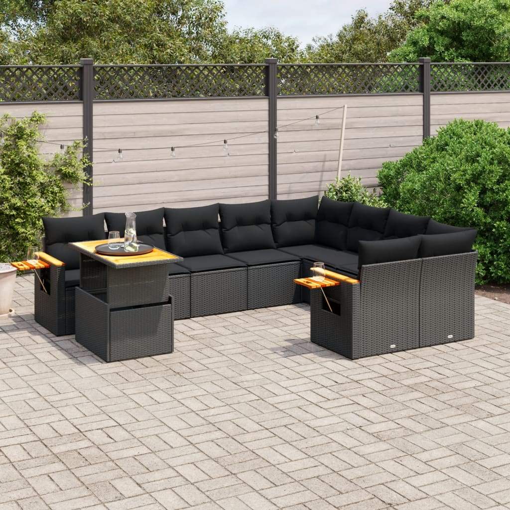 Set Divani da Giardino 10pz con Cuscini in Polyrattan Nero - homemem39