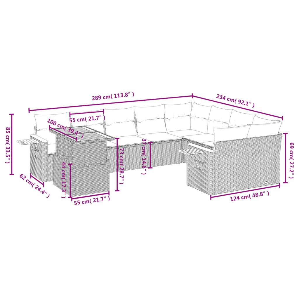 Set Divano da Giardino 10 pz con Cuscini Grigio in Polyrattan - homemem39