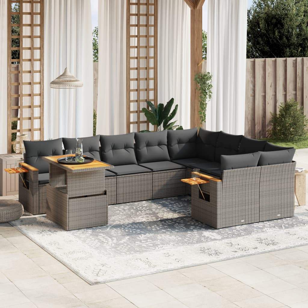 Set Divano da Giardino 10 pz con Cuscini Grigio in Polyrattan - homemem39