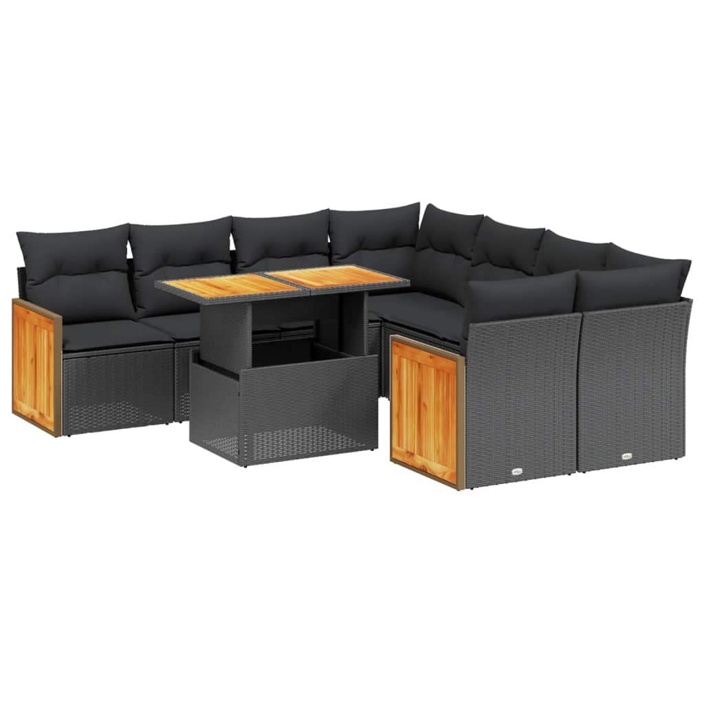 Set Divani da Giardino 9 pz con Cuscini Nero in Polyrattan - homemem39