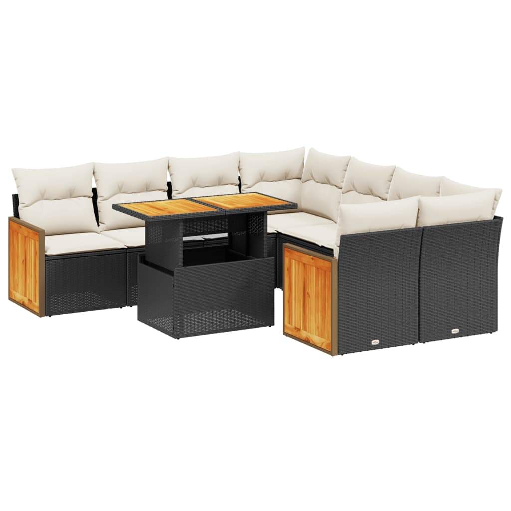 Set Divani da Giardino 9 pz con Cuscini Nero in Polyrattan - homemem39