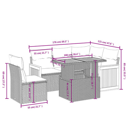 6-teiliges Gartensofa-Set mit schwarzen Polyrattan-Kissen