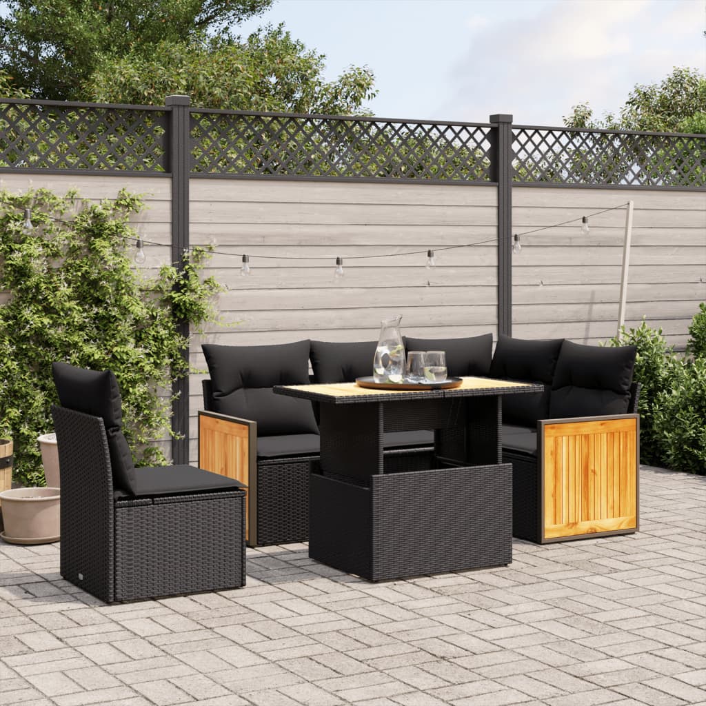 6-teiliges Gartensofa-Set mit schwarzen Polyrattan-Kissen