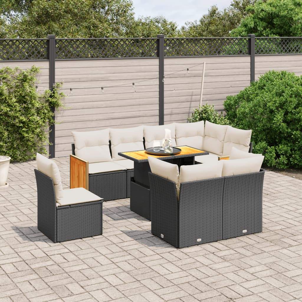 Set Divani da Giardino 9 pz con Cuscini Nero in Polyrattan - homemem39