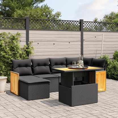 Gartensofa-Set mit Kissen 7-teilig, schwarzes Polyrattan