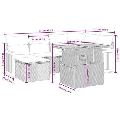 Gartensofa-Set mit Kissen 7-teilig, schwarzes Polyrattan