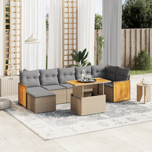 8 pc Garden Sofa Set with Beige Polyrattan Cushions