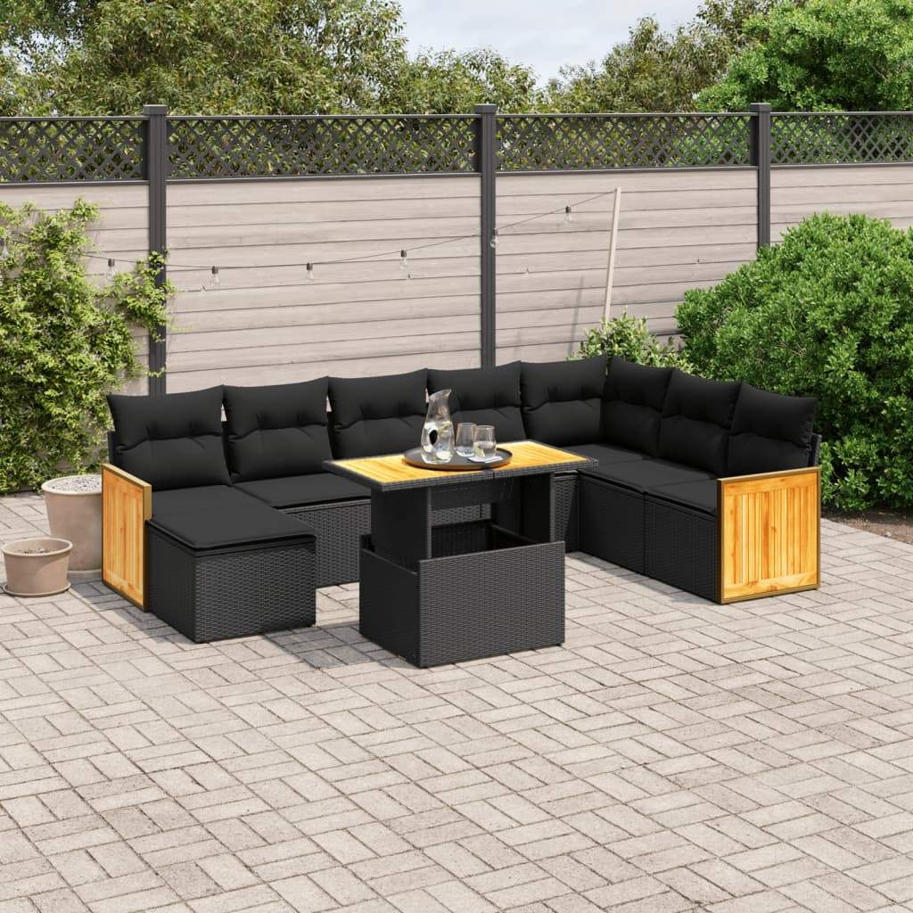 Set Divani da Giardino 9 pz con Cuscini Nero in Polyrattan - homemem39