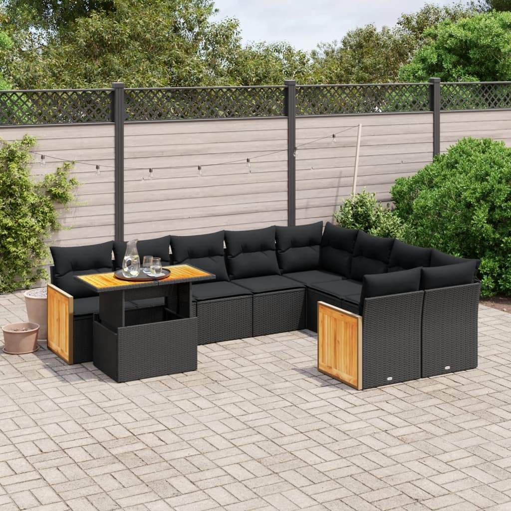 Set Divani da Giardino 10pz con Cuscini in Polyrattan Nero - homemem39