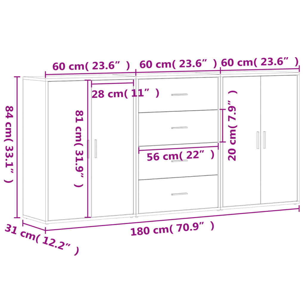 Credenze 3 pz Grigio Cemento 60x31x84 cm in Legno Multistrato