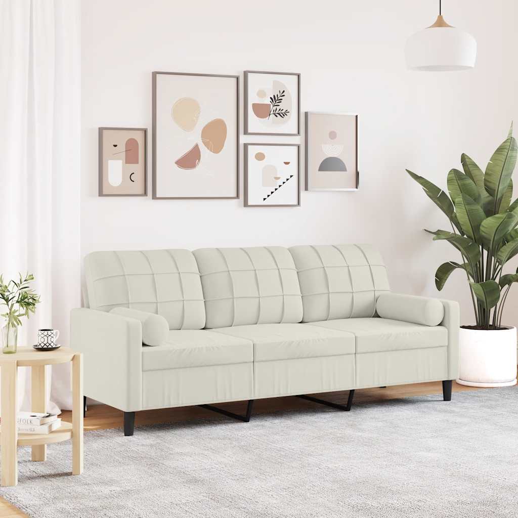 Divano a 3 Posti con Cuscini Crema 180 cm in Velluto