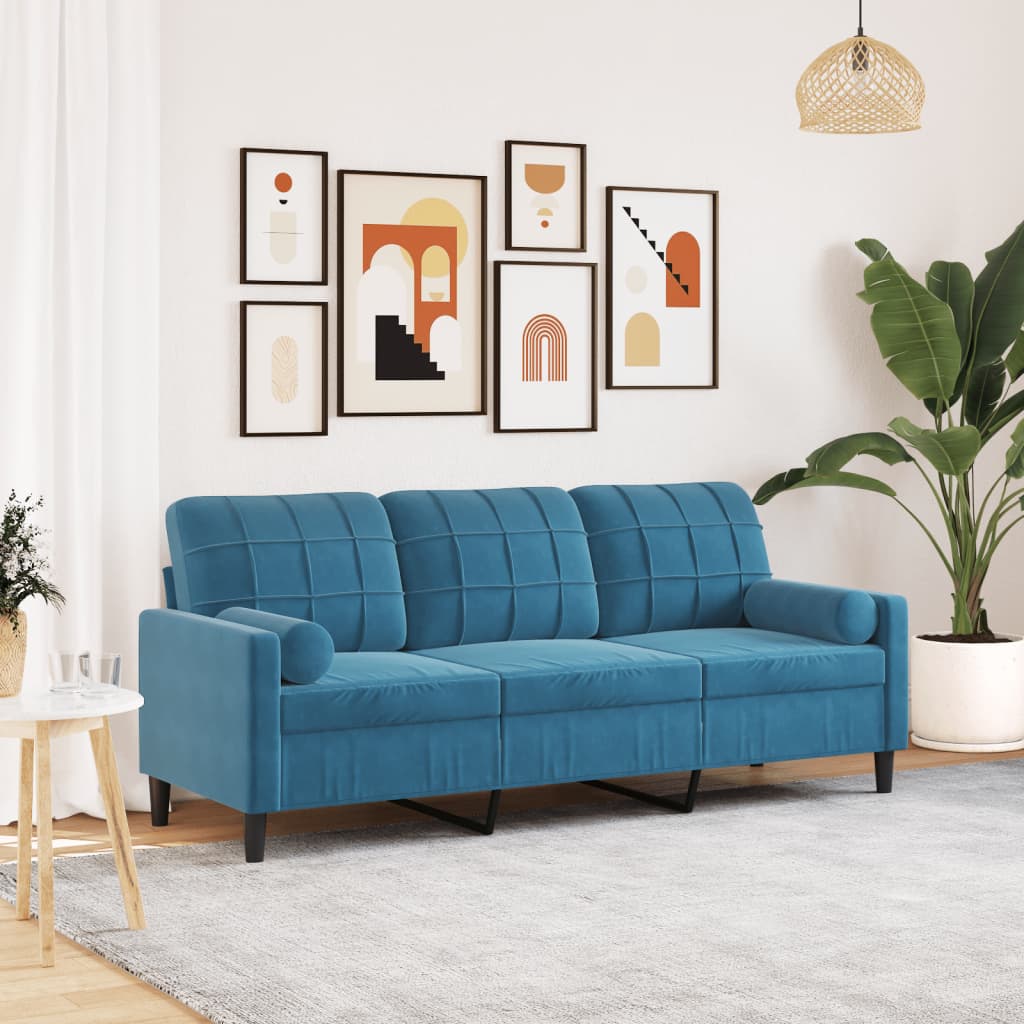 Divano a 3 Posti con Cuscini Blu 180 cm in Velluto - homemem39