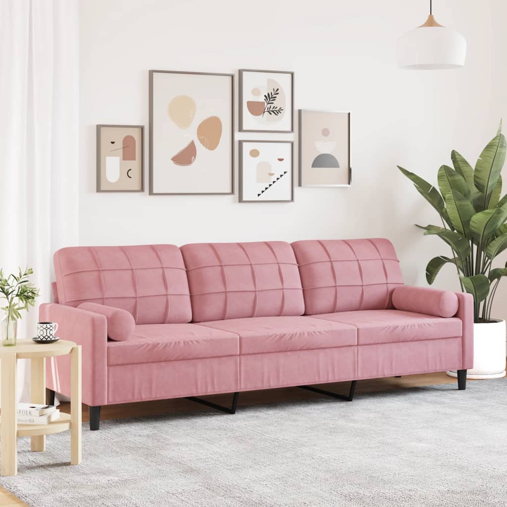 Divano a 3 Posti con Cuscini Rosa 210 cm in Velluto