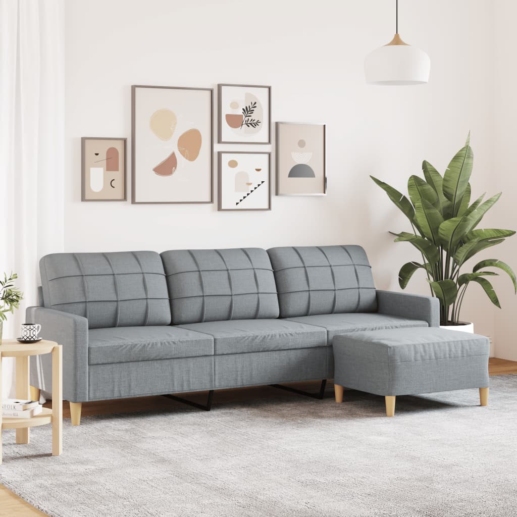 Divano a 3 Posti con Poggiapiedi Grigio Chiaro 210cm in Tessuto