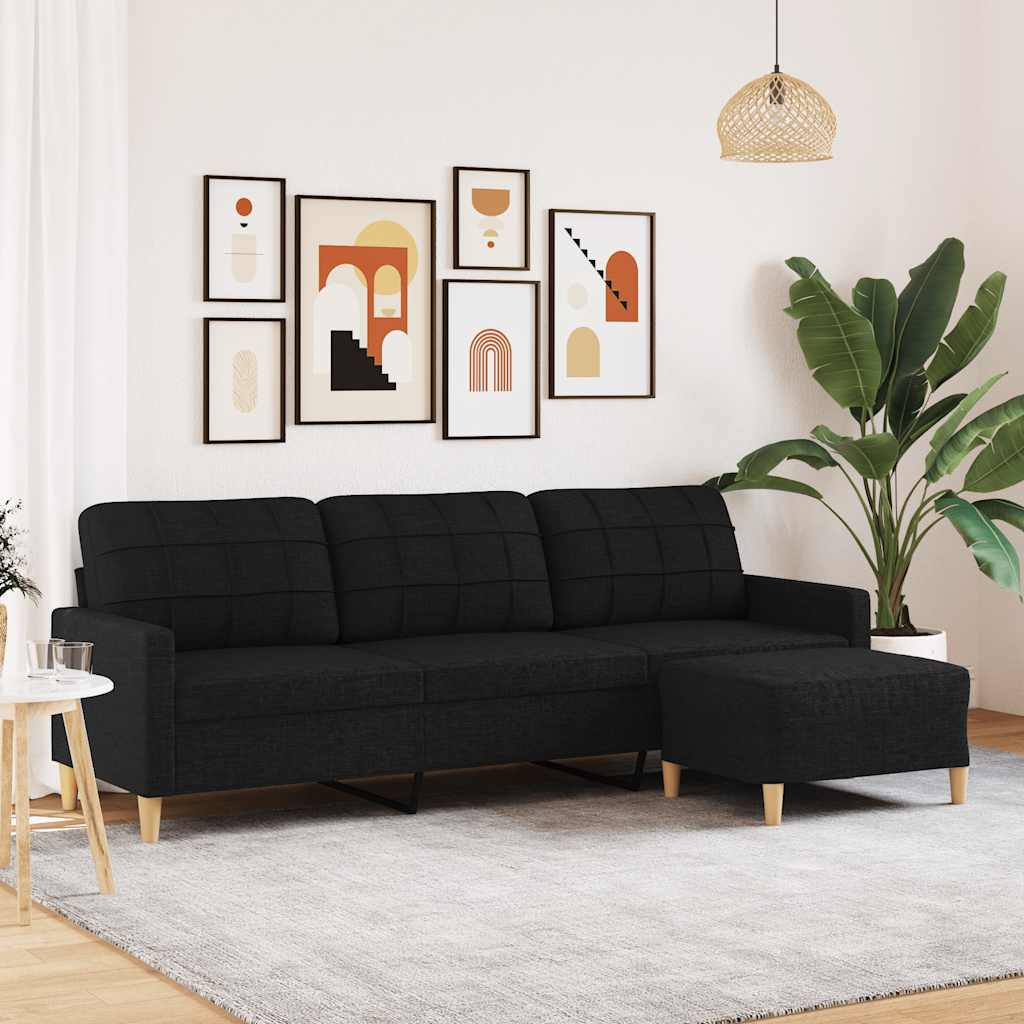 Divano a 3 Posti con Poggiapiedi Nero 210cm in Tessuto | homemem39