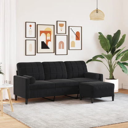 Divano a 3 Posti con Poggiapiedi Nero 180 cm in Velluto | homemem39