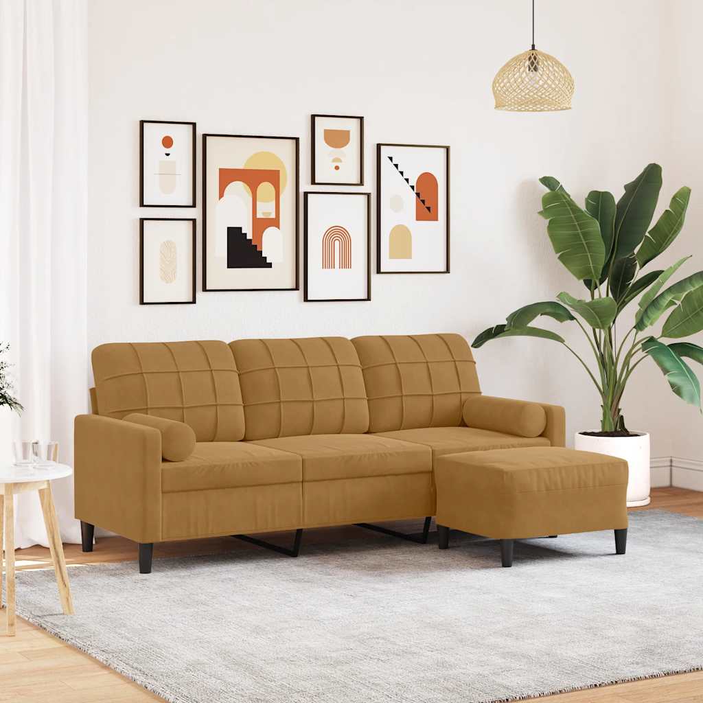 Divano a 3 Posti con Poggiapiedi Marrone 180 cm in Velluto | homemem39
