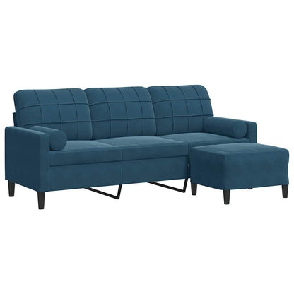 Divano a 3 Posti con Poggiapiedi Blu 180 cm in Velluto