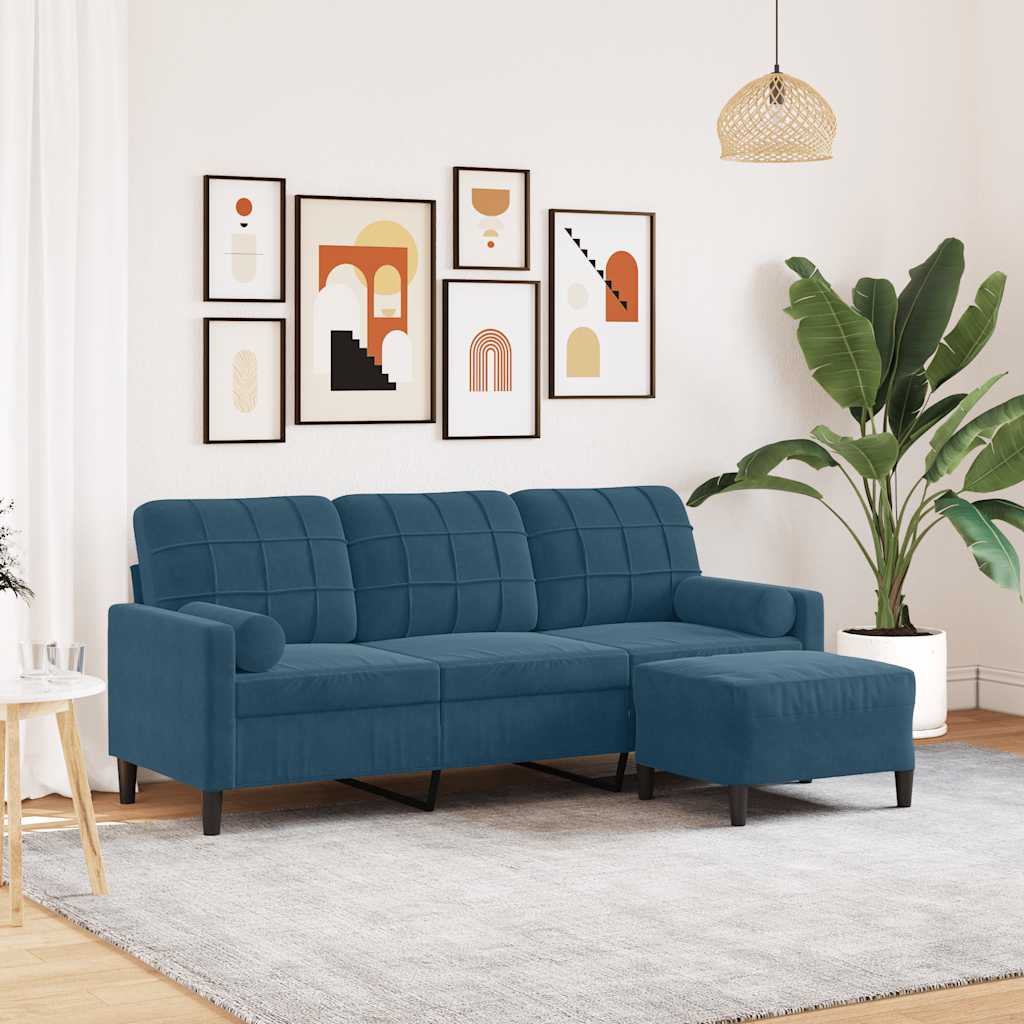 Divano a 3 Posti con Poggiapiedi Blu 180 cm in Velluto