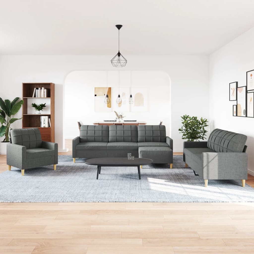 Set di Divani 4 pz con Poggiapiedi Grigio Scuro in Tessuto