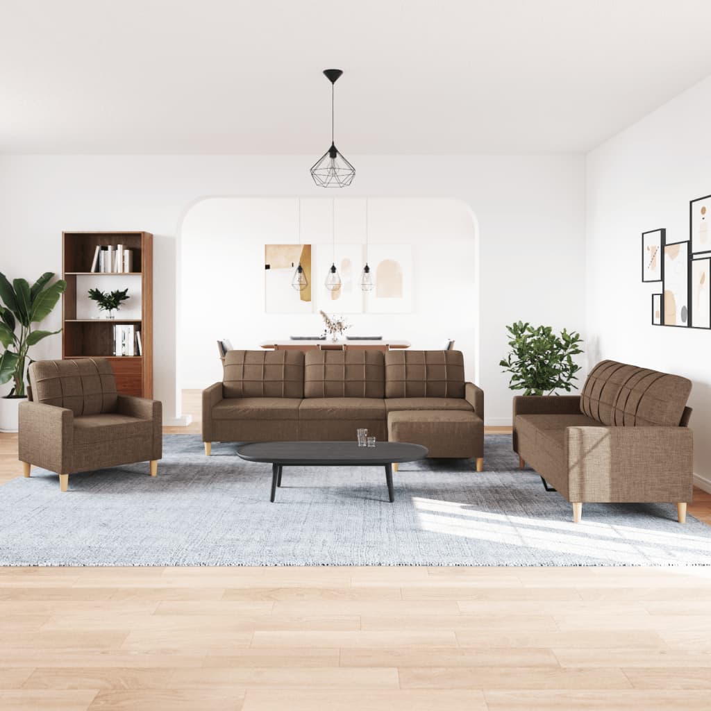 Set di Divani 4 pz con Poggiapiedi Marrone in Tessuto