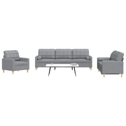 Set Divani 3 pz con Cuscini Decorativi Grigio Chiaro in Tessuto