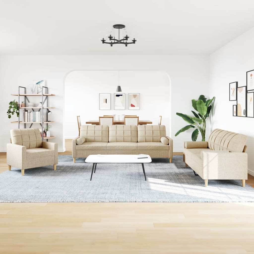 Set Divani 3 pz con Poggiapiedi Crema in Tessuto - homemem39