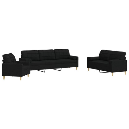 Set Divani 3 pz con Cuscini Decorativi Nero in Tessuto