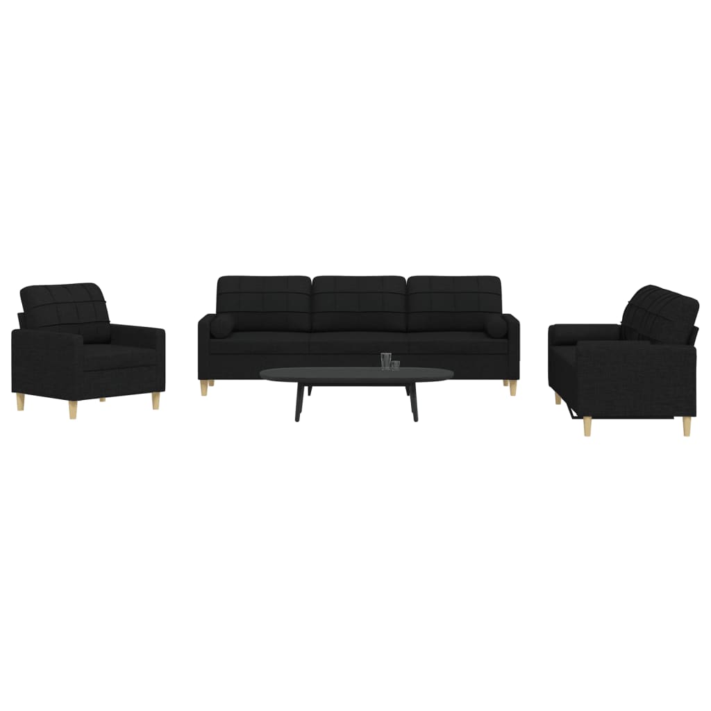 Set Divani 3 pz con Cuscini Decorativi Nero in Tessuto