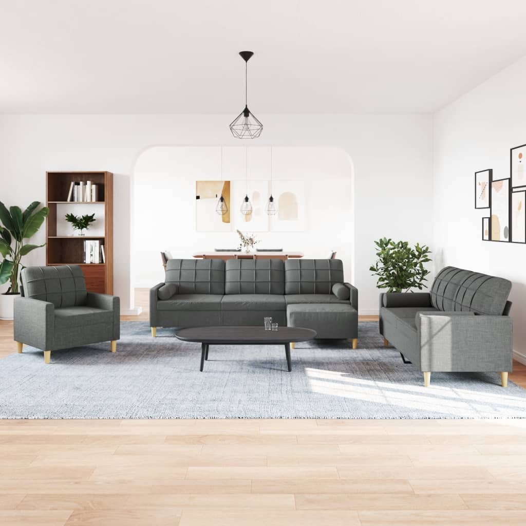 Set Divani 4 pz con Poggiapiedi e Cuscini Grigio Scuro Tessuto | homemem39