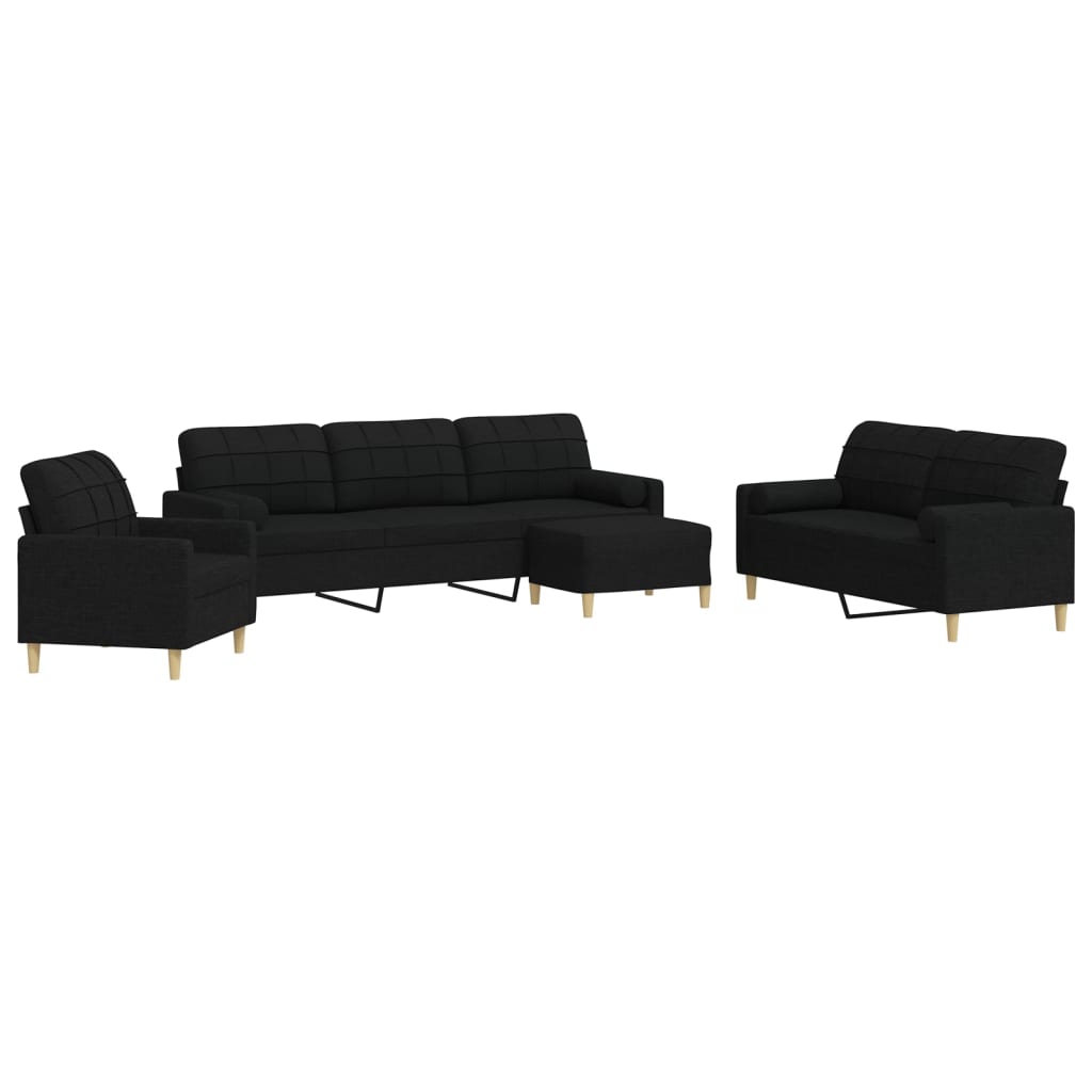 Set Divani 4 pz con Poggiapiedi e Cuscini Nero in Tessuto | homemem39